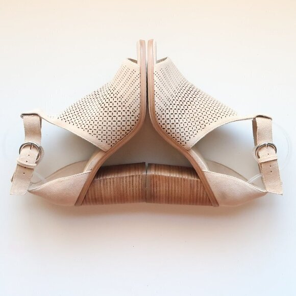 Marc Fisher Beige Laser-cut Suede Leather Peep Toe Block Heel Ankle Strap Sandal - Picture 10 of 16